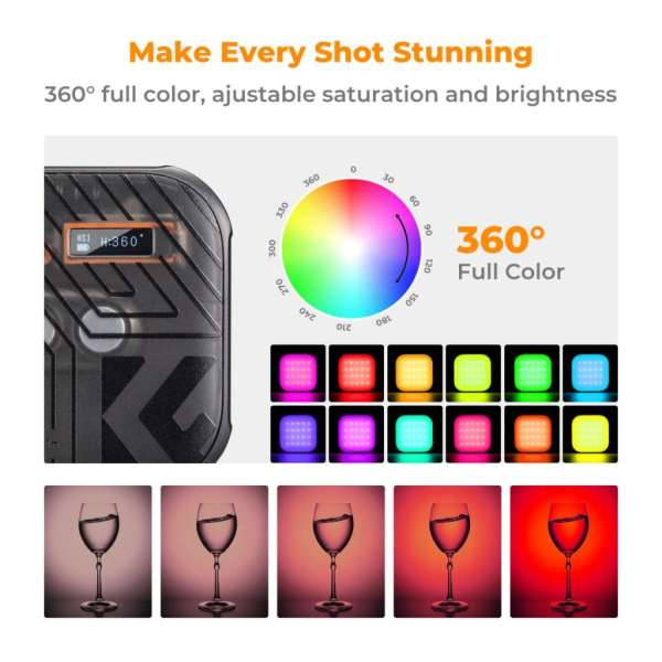 K&F Concept RGB LED lámpa, 2500-9900K, CRI 96+, 2000mAh, 21 fényeffekt, fekete