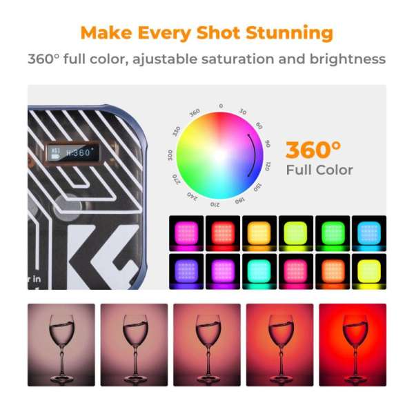 K&F Concept RGB LED lámpa, 2500-9900K, CRI 96+, 2000mAh, 21 fényeffekt, kék