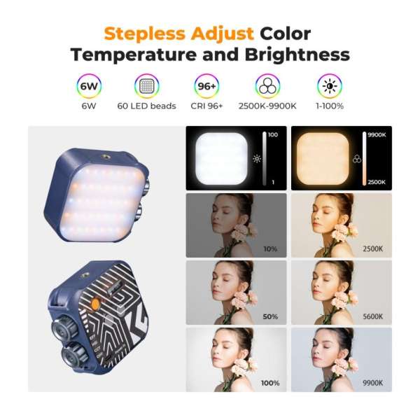 K&F Concept RGB LED lámpa, 2500-9900K, CRI 96+, 2000mAh, 21 fényeffekt, kék