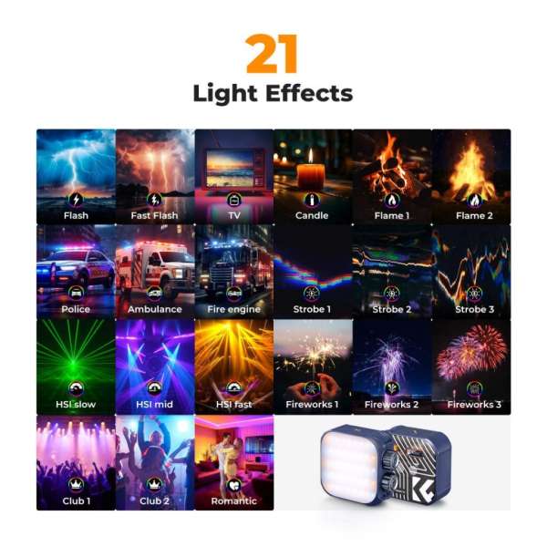 K&F Concept RGB LED lámpa, 2500-9900K, CRI 96+, 2000mAh, 21 fényeffekt, kék