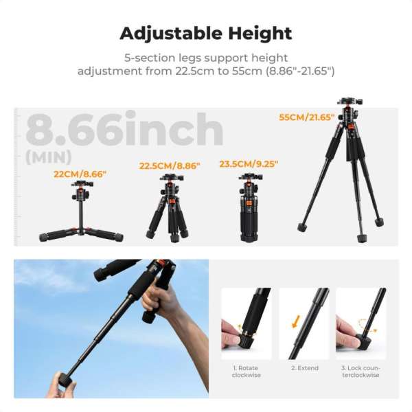 K&F Concept S225A0+BH-25 mini állvány, 55cm max magasság, 6kg teherbírás