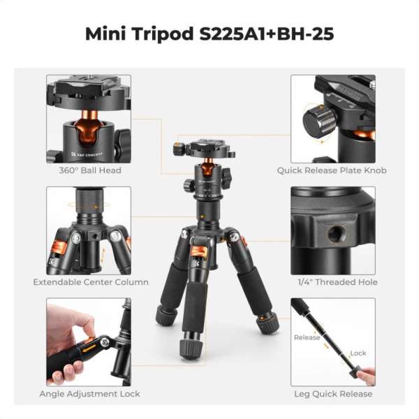K&F Concept S225A1+BH-25 mini állvány, 52cm max magasság, 6kg teherbírás