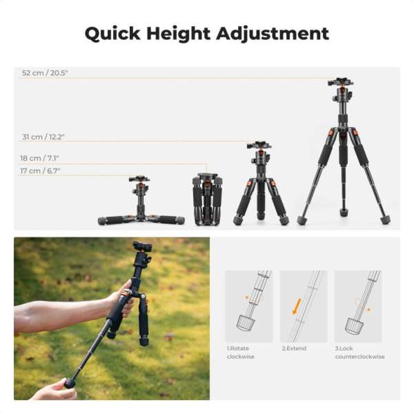 K&F Concept S225A1+BH-25 mini állvány, 52cm max magasság, 6kg teherbírás