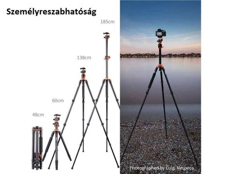 K&F Concept T254A4+BH-28L állvány + monopod, elforgatható középoszloppal, fekete-narancssárga