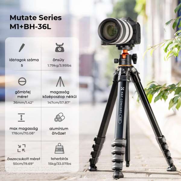 K&F Concept Traveller M1 kompakt utazó fényképező állvány, tripod gömbfejjel V1