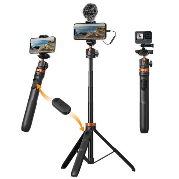 K&F Concept Tripod Phone Selfie Stick with Bluetooth Remote Control + Gopro Adapter Black/Orange