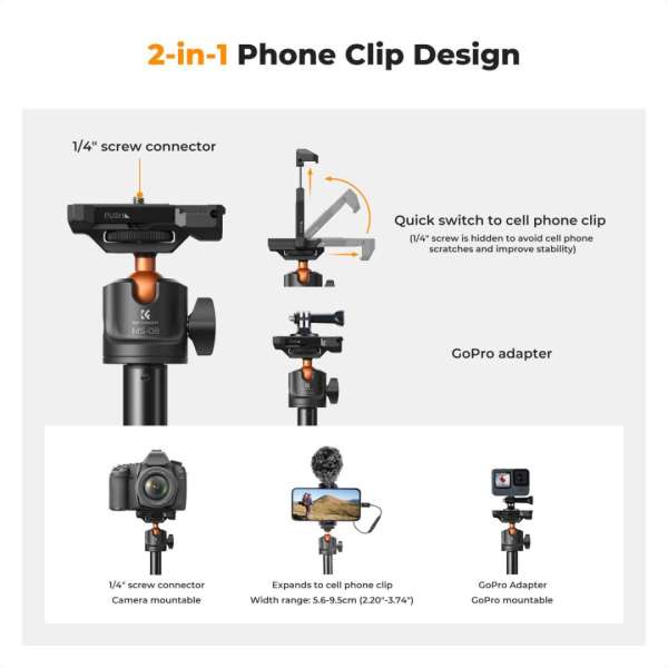 K&F Concept Tripod Phone Selfie Stick with Bluetooth Remote Control + Gopro Adapter Black/Orange