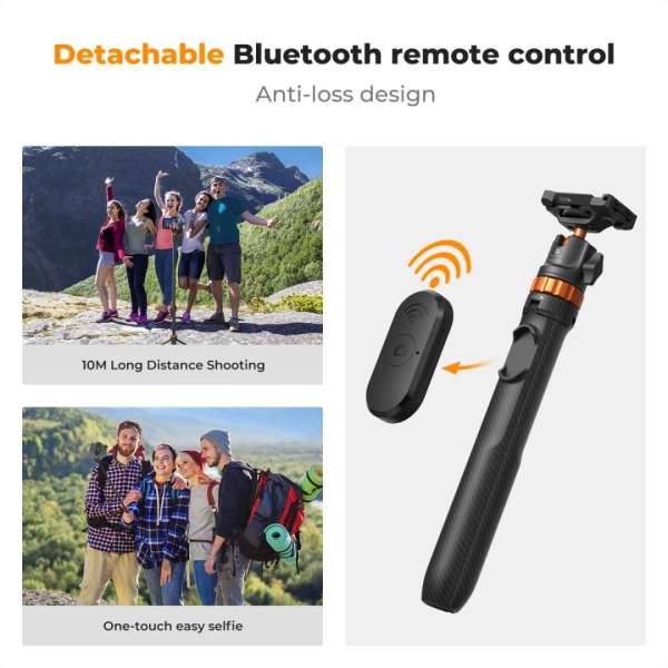 K&F Concept Tripod Phone Selfie Stick with Bluetooth Remote Control + Gopro Adapter Black/Orange