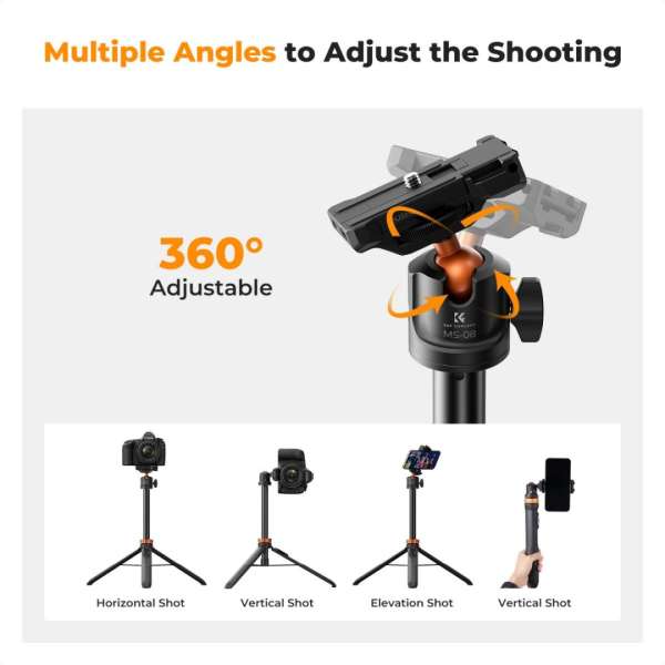K&F Concept Tripod Phone Selfie Stick with Bluetooth Remote Control + Gopro Adapter Black/Orange
