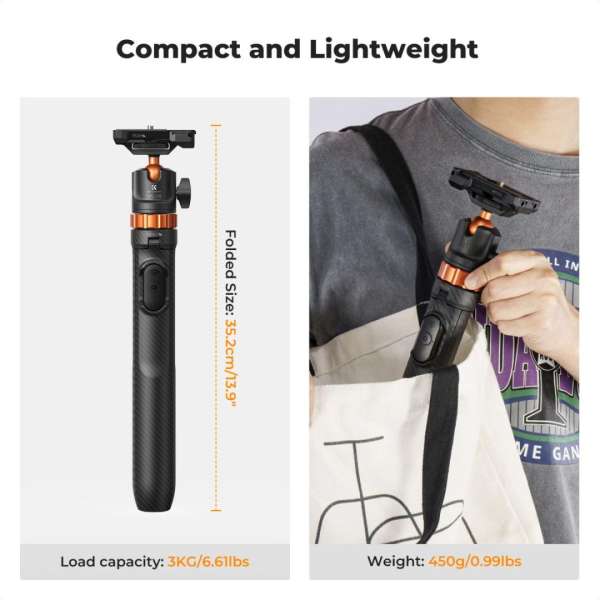 K&F Concept Tripod Phone Selfie Stick with Bluetooth Remote Control + Gopro Adapter Black/Orange