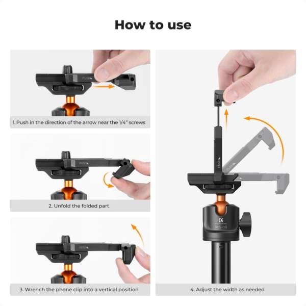 K&F Concept Tripod Phone Selfie Stick with Bluetooth Remote Control + Gopro Adapter Black/Orange