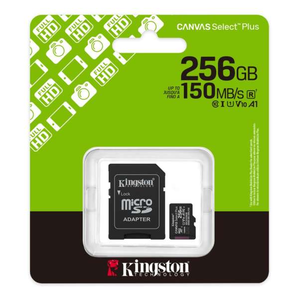 Kingston 256GB microSDXC Canvas Select Plus Gen3 Class 10 UHS-1 A1 V10 + adapterrel