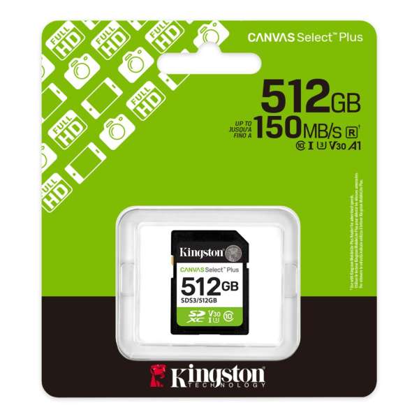 Kingston 512GB SDXC Canvas Select Plus Gen3 Class 10 UHS-I U3 V30 A1