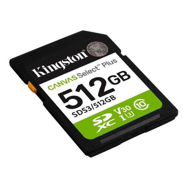 Kingston 512GB SDXC Canvas Select Plus Gen3 Class 10 UHS-I U3 V30 A1