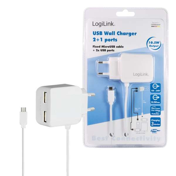 Logilink Dual micro USB socket adapter with fixed cable 2x USB-A 10,5W White