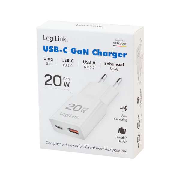 Logilink Dual-USB GaN charger 20W extra slim 1x USB-C (PD) 1x USB-A (QC) White