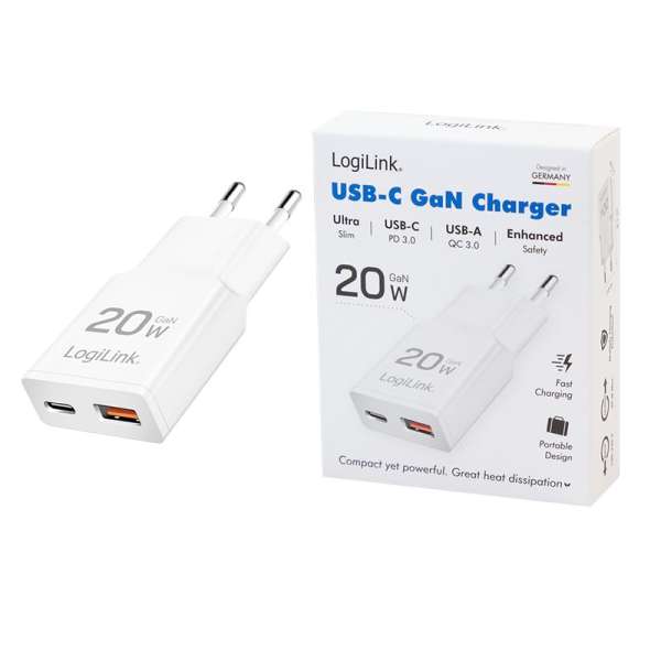 Logilink Dual-USB GaN charger 20W extra slim 1x USB-C (PD) 1x USB-A (QC) White