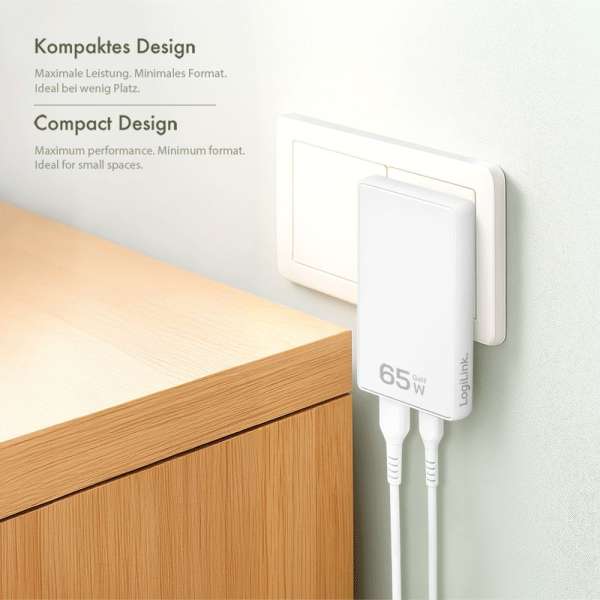 Logilink extra slim USB-A, USB-C 65W adapter White