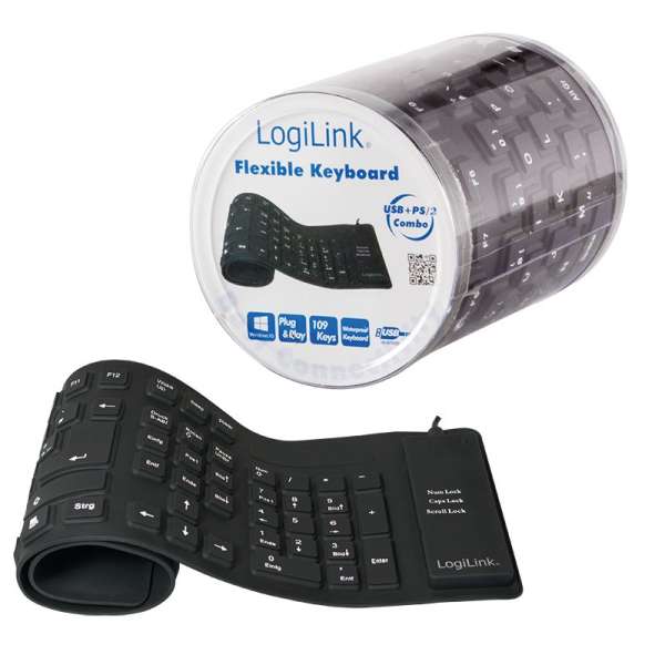 Logilink Flexible waterproof USB + PS/2 Keyboard Black UK