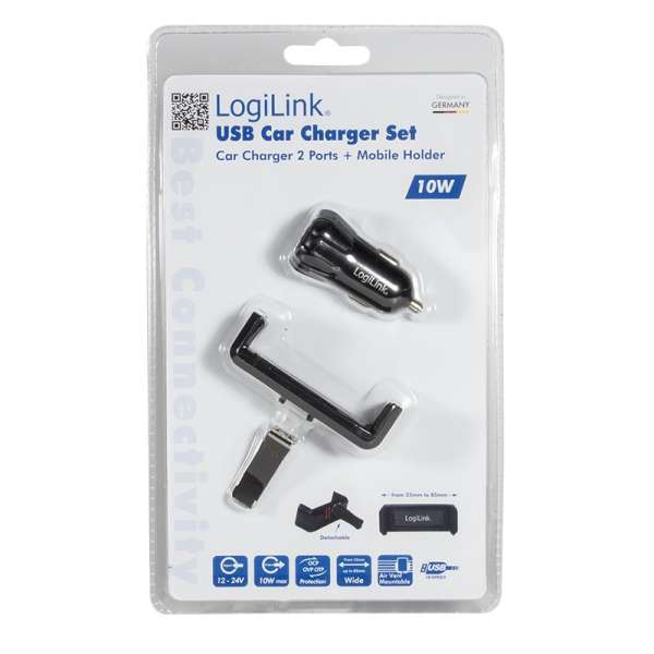 Logilink PA0133 USB car charger + mobile holder Black