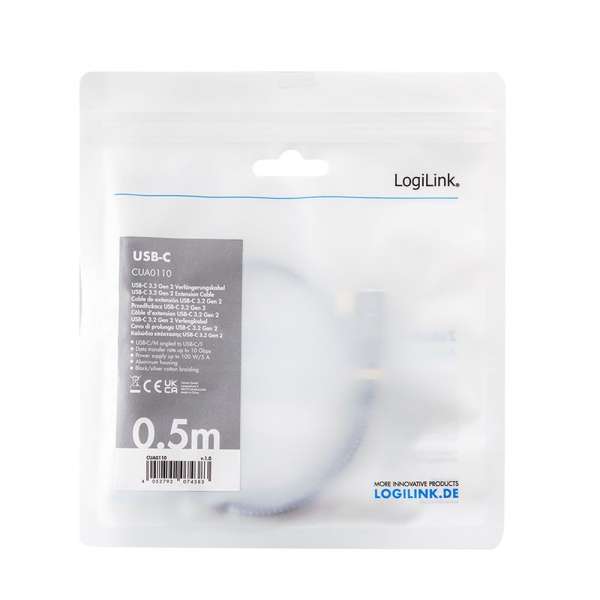 Logilink Type-C cable C/M 90° to USB-C/F 5m Black/Grey