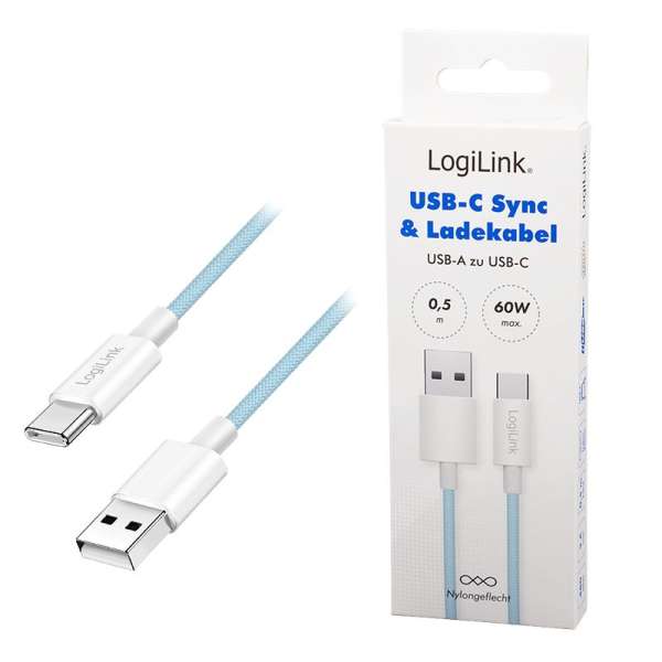 Logilink USB 2.0 C/M - A/M 60W cable 0,5m Blue