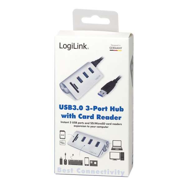 Logilink USB 3.0 hub 3-port with card reader for SD/microSD aluminum casing