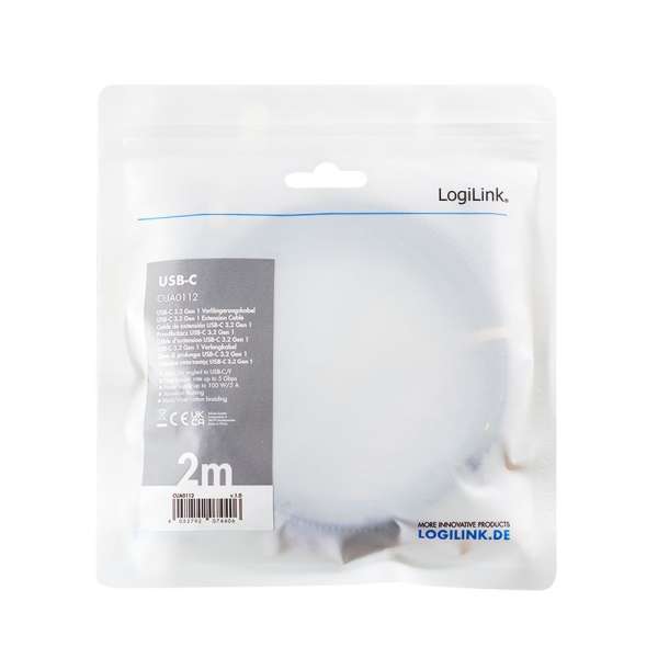 Logilink USB 3.2 Gen1 Type-C cable C/M 90° to C/F 2m Black/Grey