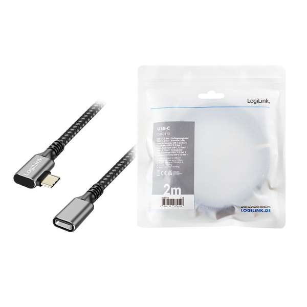 Logilink USB 3.2 Gen1 Type-C cable C/M 90° to C/F 2m Black/Grey