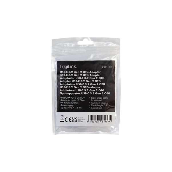 Logilink USB 3.2 Gen2 Type-C adapter, C/M 90° to USB-A/F 0,2m Black