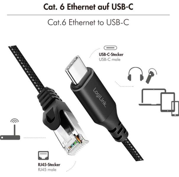 Logilink USB 3.2 Type-C Ethernet cable 7,5m Black/Grey
