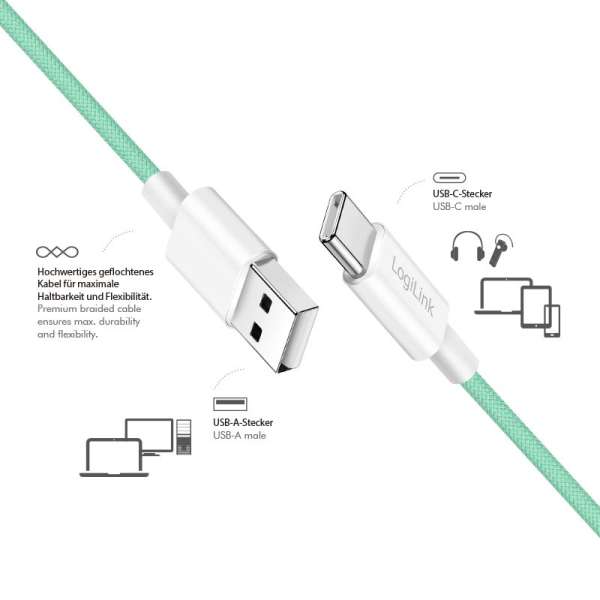 Logilink USB-A to USB-C male/male cable 0,5m Green