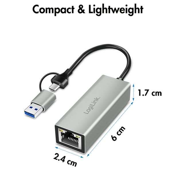 Logilink USB-C to Gigabit Ethernet Adapter with 2-in-1 USB Connection Grey