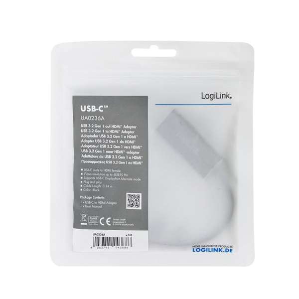 Logilink USB Type-C adapter C/M to HDMI-A/F 4K/30 Hz 0,15m Black