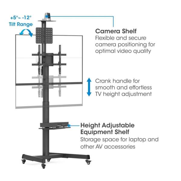 Manhattan Multimedia TV Cart with Tool-Free Height Adjustment 37"-86" Black