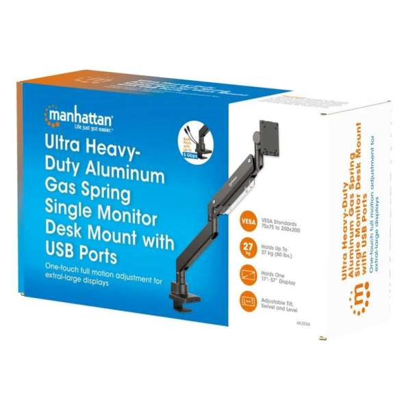 Manhattan Ultra heavy-Dusty Aluminium Gas Spring Single Desk Mount with USB Port 17"-57" Black