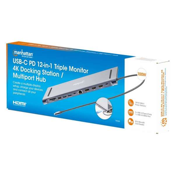 Manhattan USB-C PD 12-in-1 Triple Monitor 4K Docking Station / Multiport Hub