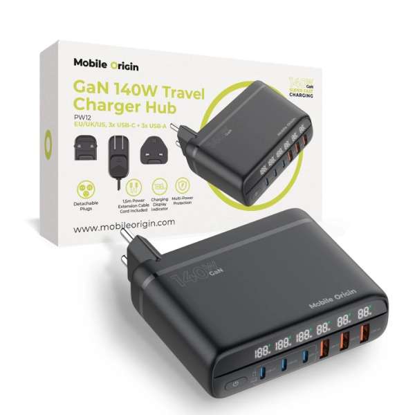 Mobile Origin 140W Travel Charger Hub EU/UK/US 3x USB-C+3x USB-A Black