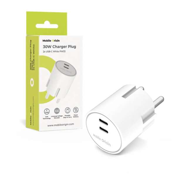 Mobile Origin 30W Charger Plug PW33 2x USB-C White