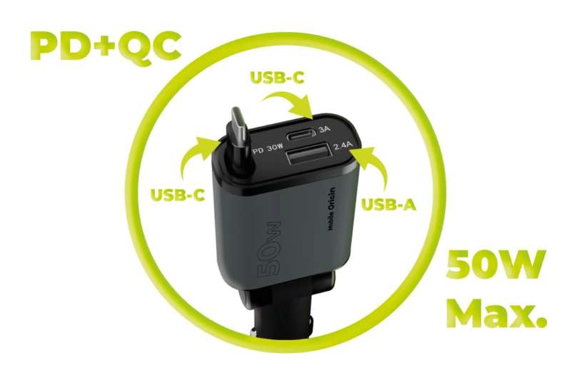Mobile Origin 3in1 50W Car Charger CA27 - USB-C + USB-A, USB-C Space Gray