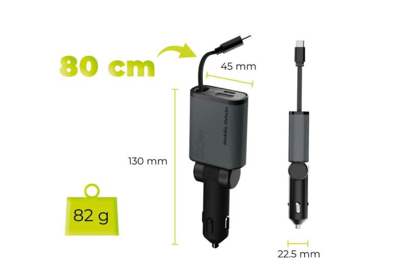 Mobile Origin 3in1 50W Car Charger CA27 - USB-C + USB-A, USB-C Space Gray