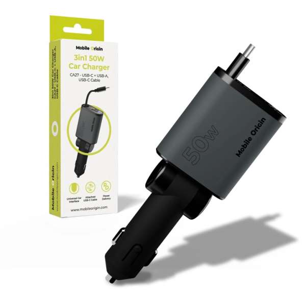 Mobile Origin 3in1 50W Car Charger CA27 - USB-C + USB-A, USB-C Space Gray