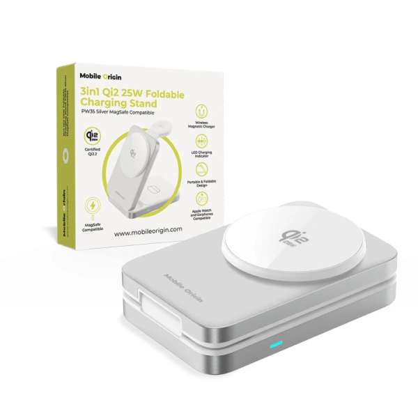 Mobile Origin 3in1 Qi2 MagSafe Compatible Foldable Charging Stand 25W PW35 Silver
