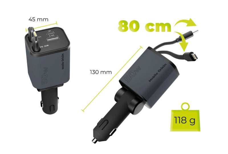 Mobile Origin 4in1 50W Car Charger CA28 - USB-C+USB-A, USB-C and Lightning Cable Space Gray