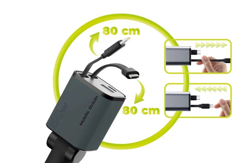 Mobile Origin 4in1 50W Car Charger CA28 - USB-C+USB-A, USB-C and Lightning Cable Space Gray