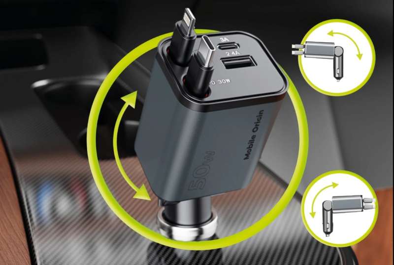 Mobile Origin 4in1 50W Car Charger CA28 - USB-C+USB-A, USB-C and Lightning Cable Space Gray