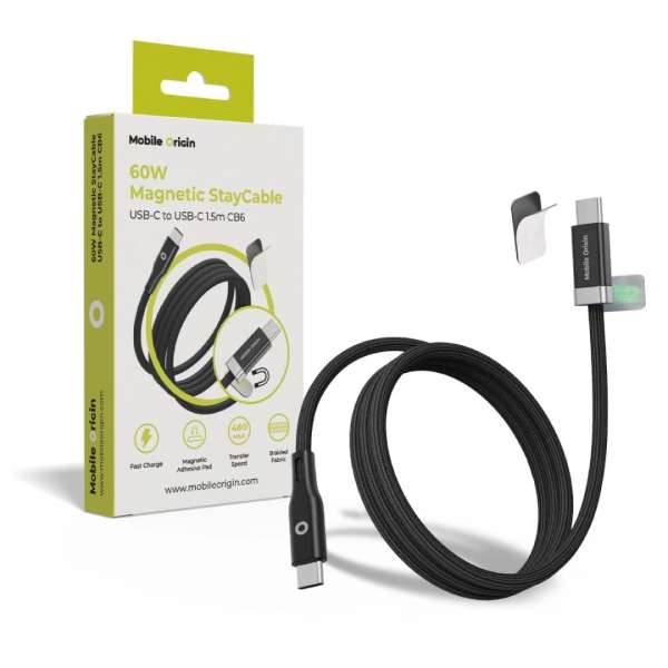 Mobile Origin 60W Magnetic StayCable USB-C to USB-C 1,5m Black
