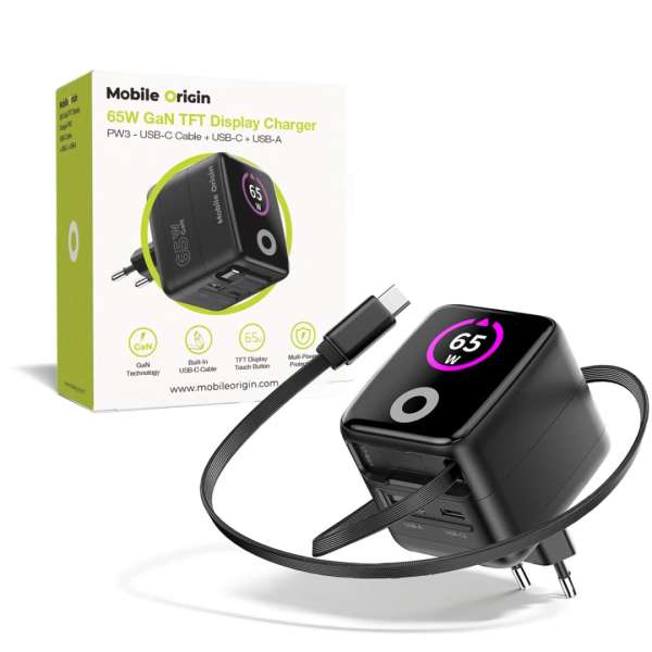 Mobile Origin 65W GaN Display Charger PW3 - USB-C Self-Retracting Cable+USB-C+USB-A Black