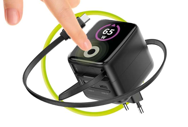 Mobile Origin 65W GaN Display Charger PW3 - USB-C Self-Retracting Cable+USB-C+USB-A Black