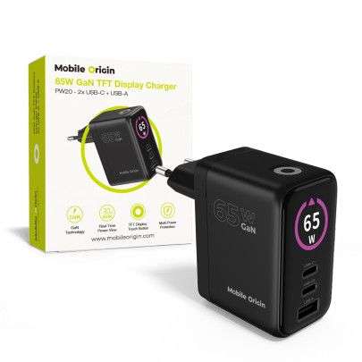 Mobile Origin 65W GaN TFT Display Charger PW20 - 2x USB-C + USB-A Black